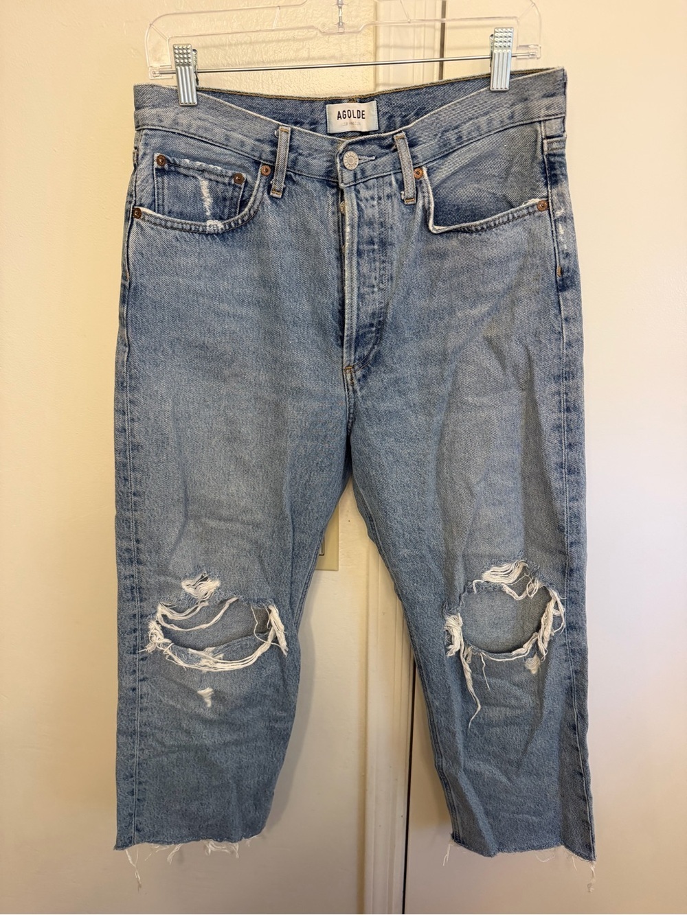 Agolde Distressed Raw Hem Light Wash Jeans 100% Cotton Size 28